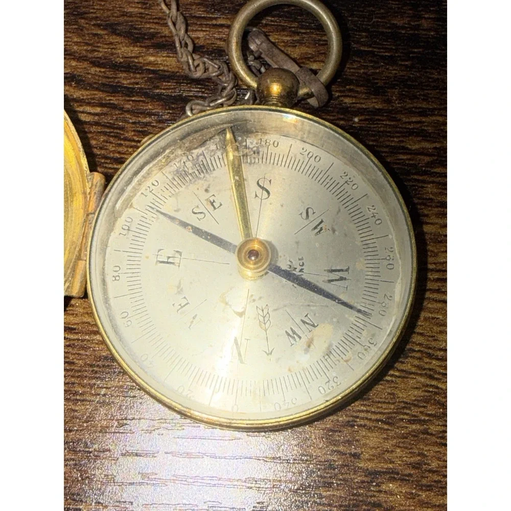 Vintage Antique Brass Pocket Compass Made In France Military Style W/CHAIN Works